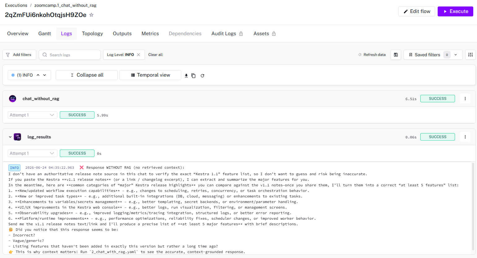 Kestra Output: Chat without RAG